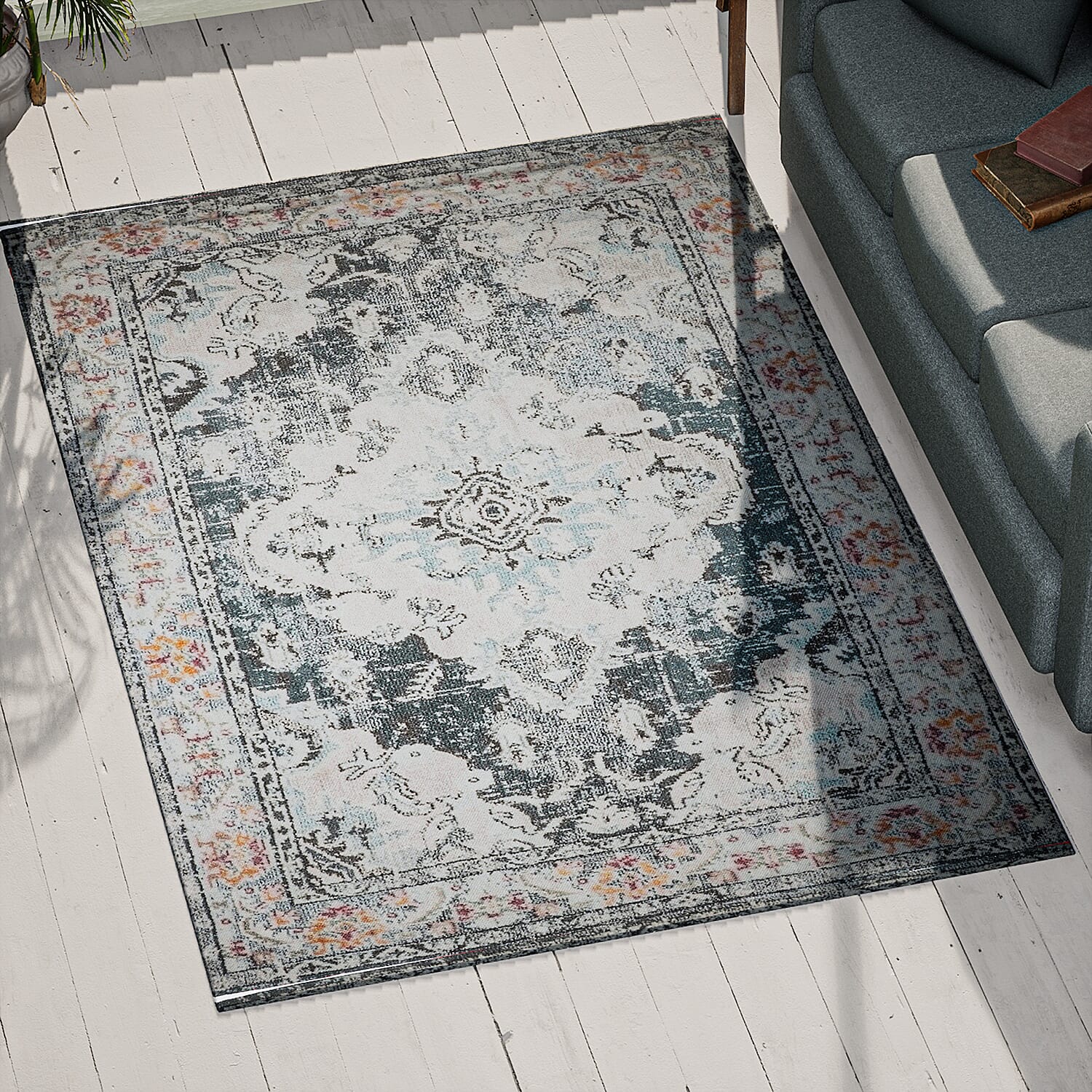 Hand Made 100% Cotton Printed Rug (Size 180x120 cm) - White Green - Multi