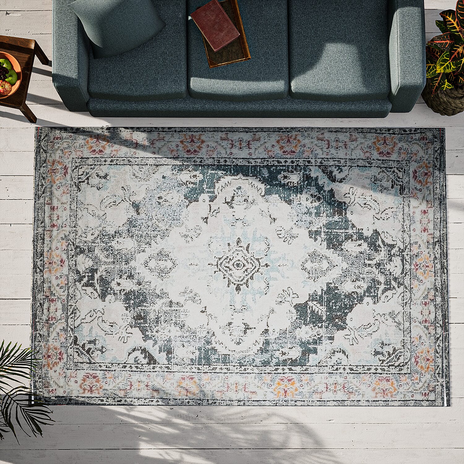 Hand Made 100% Cotton Printed Rug (Size 180x120 cm) - White Green - Multi