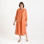 Tamsy 100% Cotton Embroidered 3-4 Sleeves Midi Dress (Size XXL) - Orange