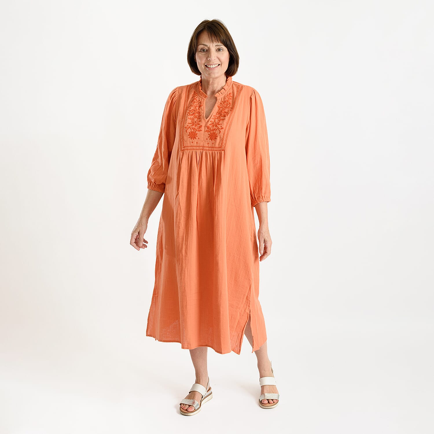 Tamsy 100% Cotton Embroidered 3-4 Sleeves Midi Dress (Size XXL) - Orange