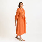 Tamsy 100% Cotton Embroidered 3-4 Sleeves Midi Dress (Size XXL) - Orange
