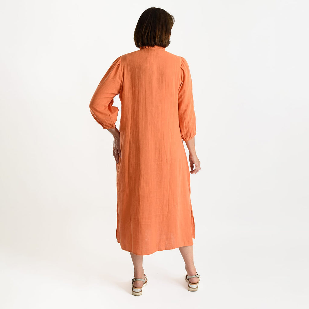 Tamsy 100% Cotton Embroidered 3-4 Sleeves Midi Dress (Size XXL) - Orange