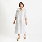 Tamsy 100% Cotton Embroidered 3-4 Sleeves Midi Dress (Size M) - White