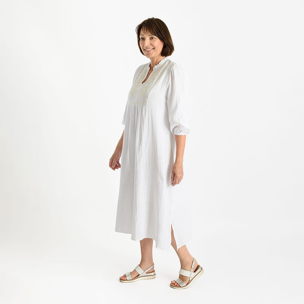 Tamsy 100% Cotton Embroidered 3-4 Sleeves Midi Dress (Size M) - White