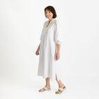 Tamsy 100% Cotton Embroidered 3-4 Sleeves Midi Dress (Size M) - White