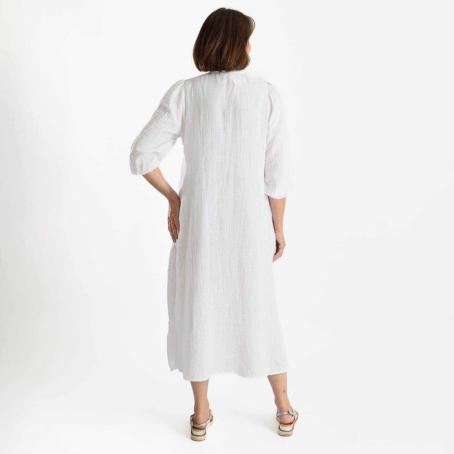 Tamsy 100% Cotton Embroidered 3-4 Sleeves Midi Dress (Size M) - White