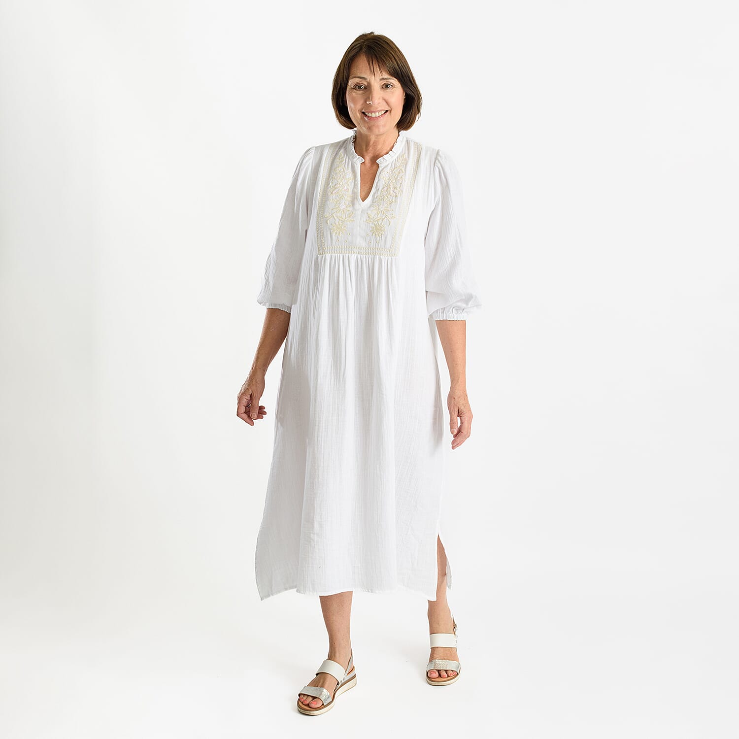 Tamsy 100% Cotton Embroidered 3-4 Sleeves Midi Dress (Size XXL) - White