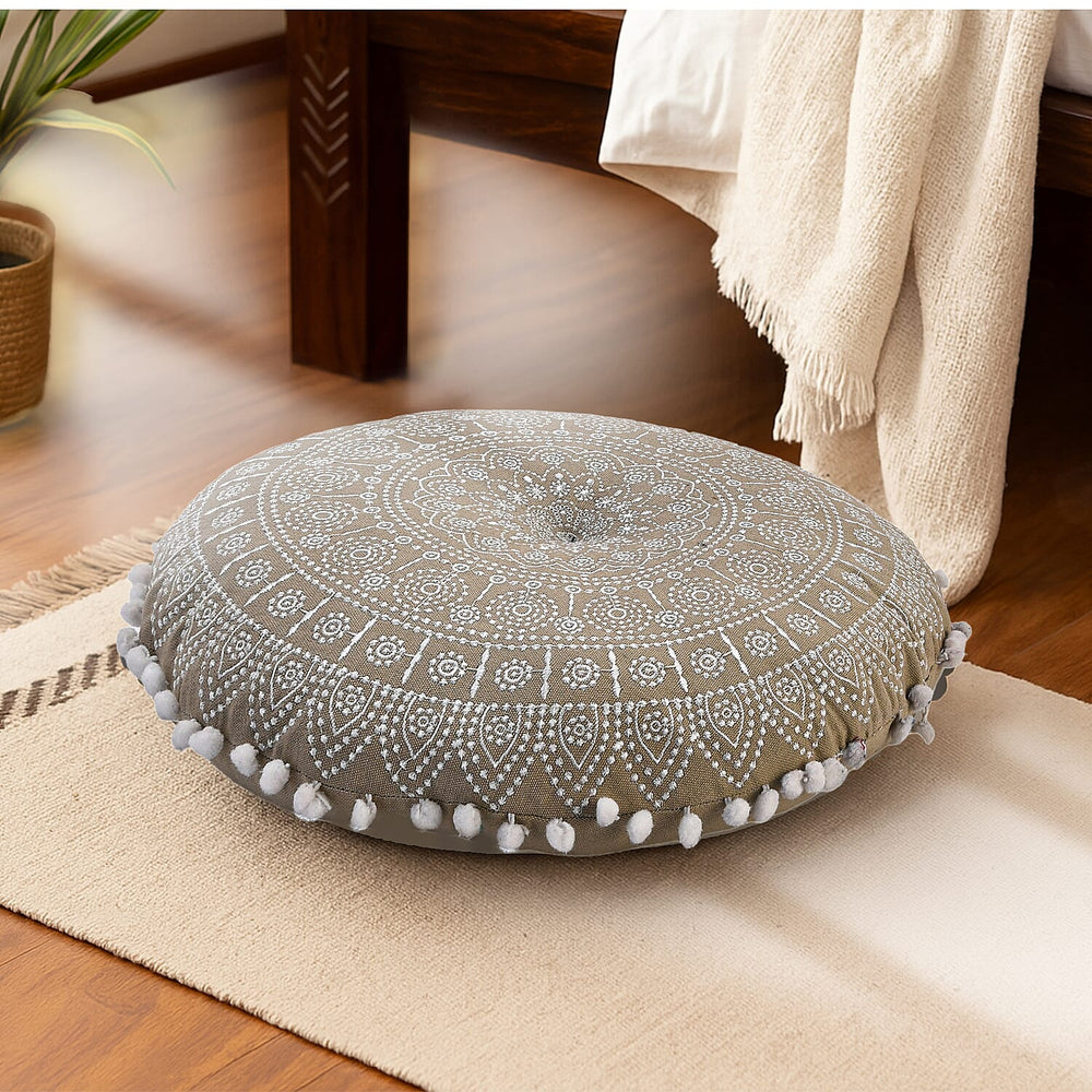 Cotton Floor Cushion with Embroidery - Pom Pom (Size 40x40x10 cm) - White