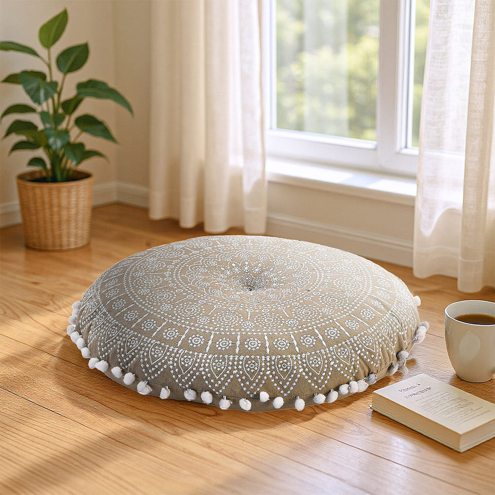Cotton Floor Cushion with Embroidery - Pom Pom (Size 40x40x10 cm) - White