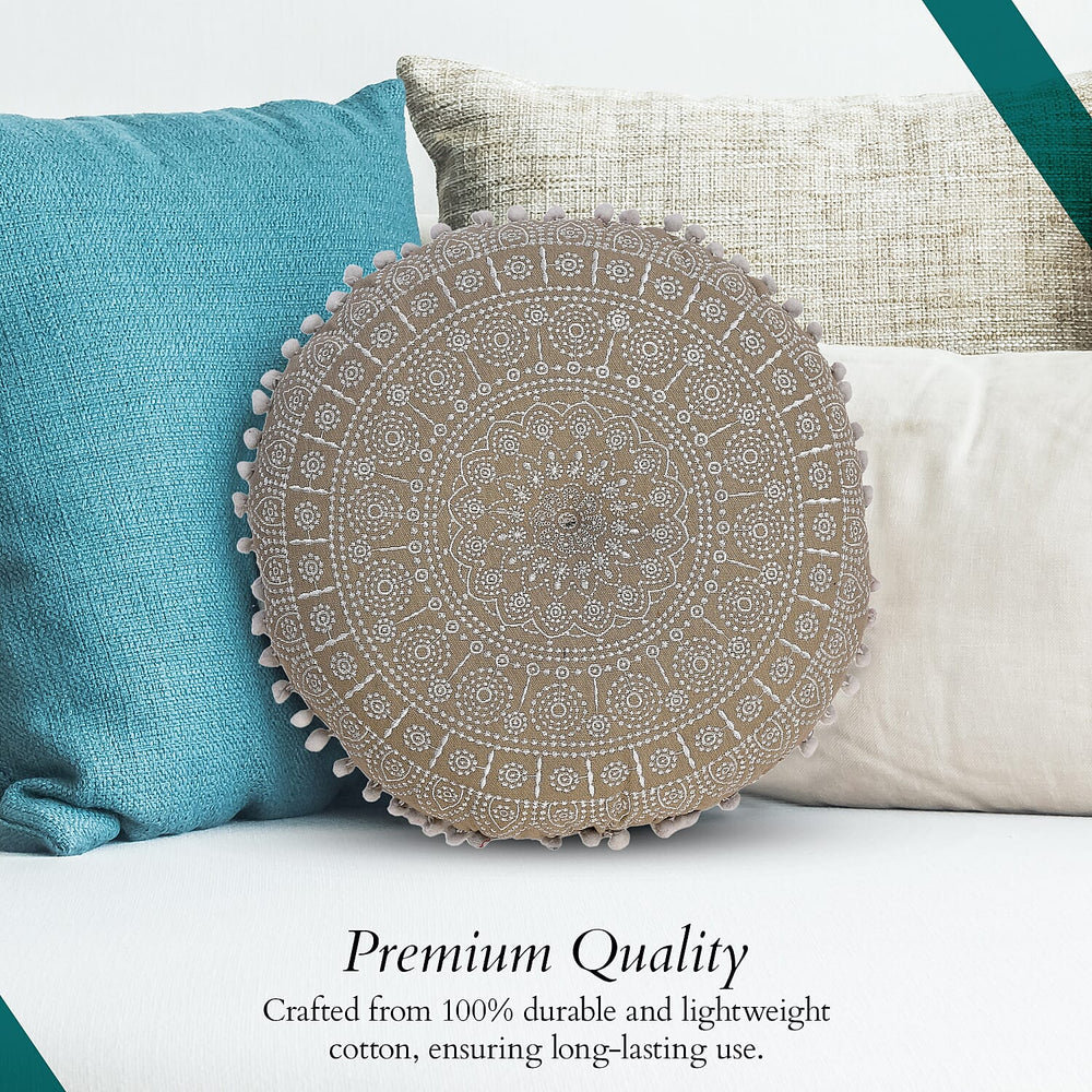 Cotton Floor Cushion with Embroidery - Pom Pom (Size 40x40x10 cm) - White
