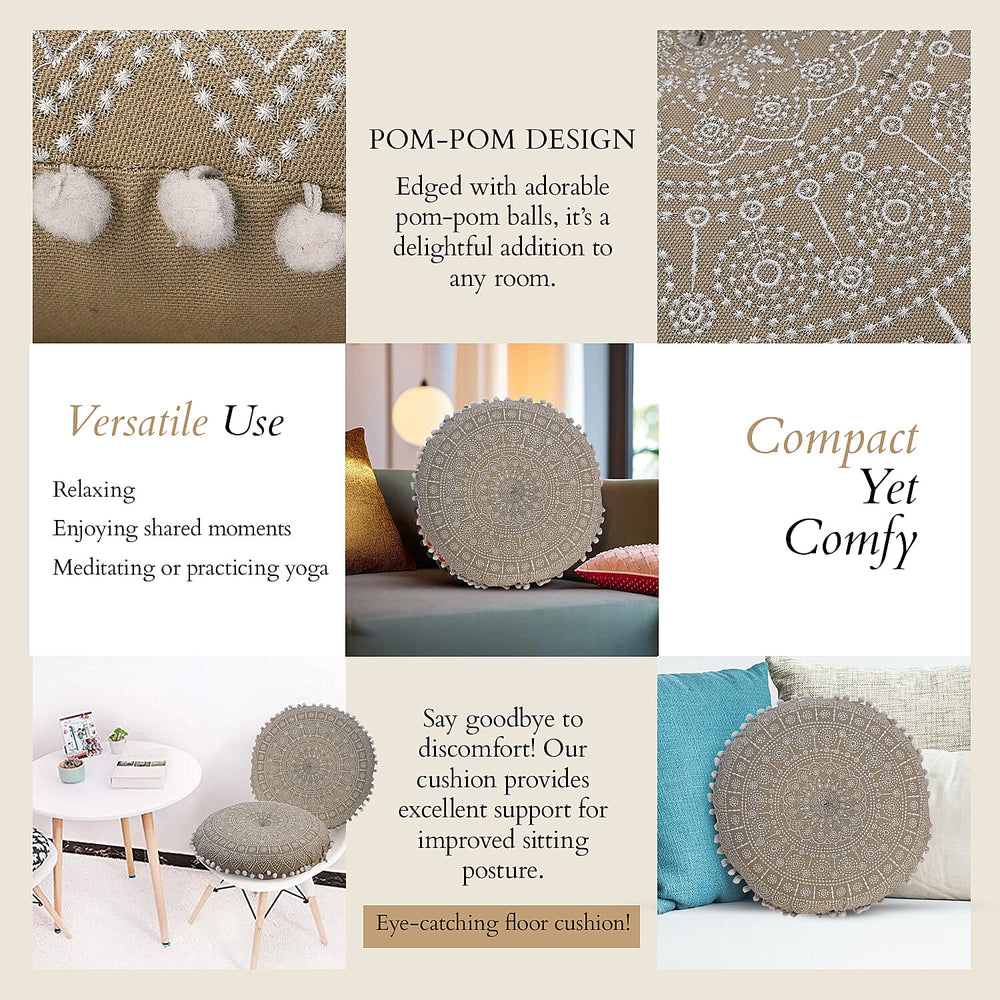Cotton Floor Cushion with Embroidery - Pom Pom (Size 40x40x10 cm) - White