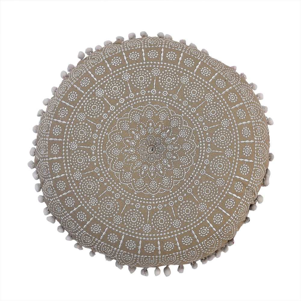 Cotton Floor Cushion with Embroidery - Pom Pom (Size 40x40x10 cm) - White