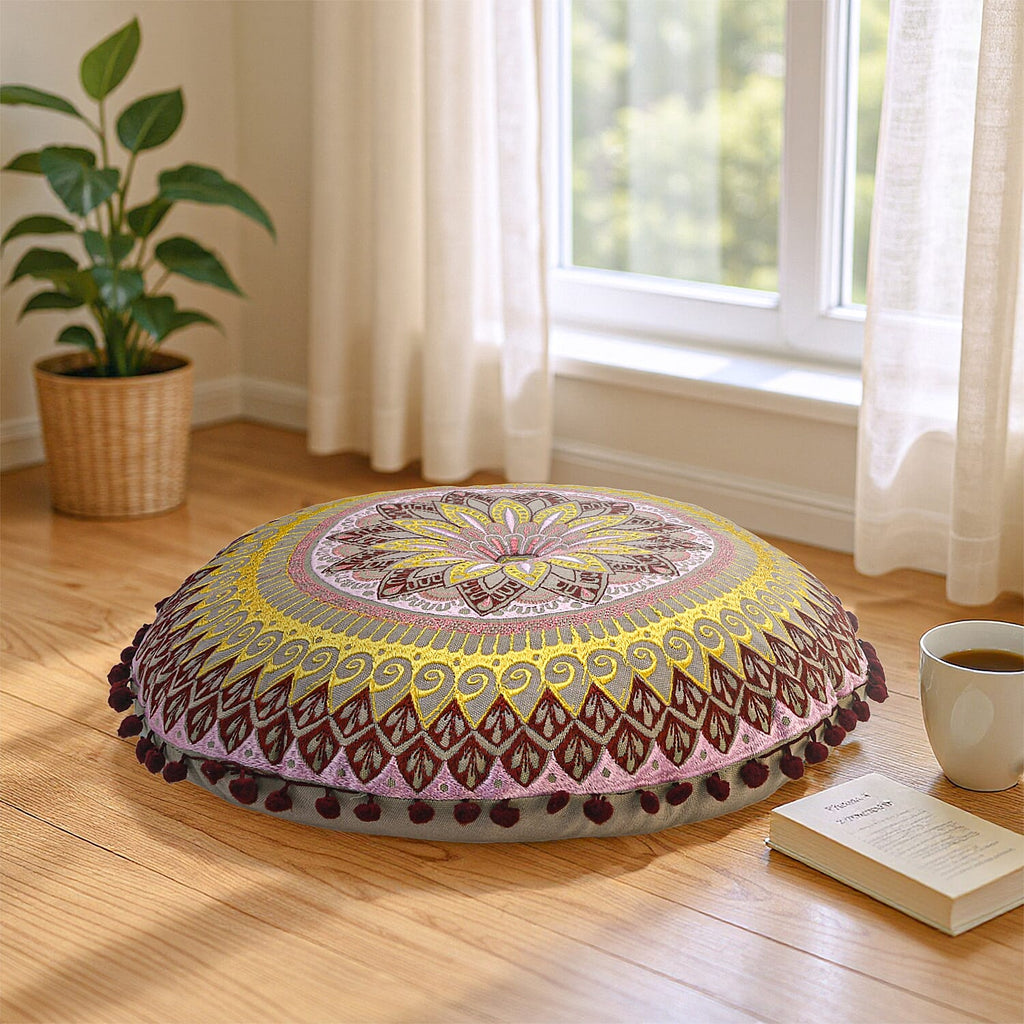 Cotton Floor Cushion with Embroidery - Pom Pom (Size 40x40x10 cm) - Multi