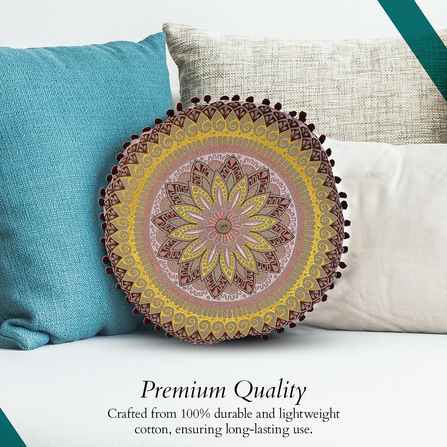 Cotton Floor Cushion with Embroidery - Pom Pom (Size 40x40x10 cm) - Multi