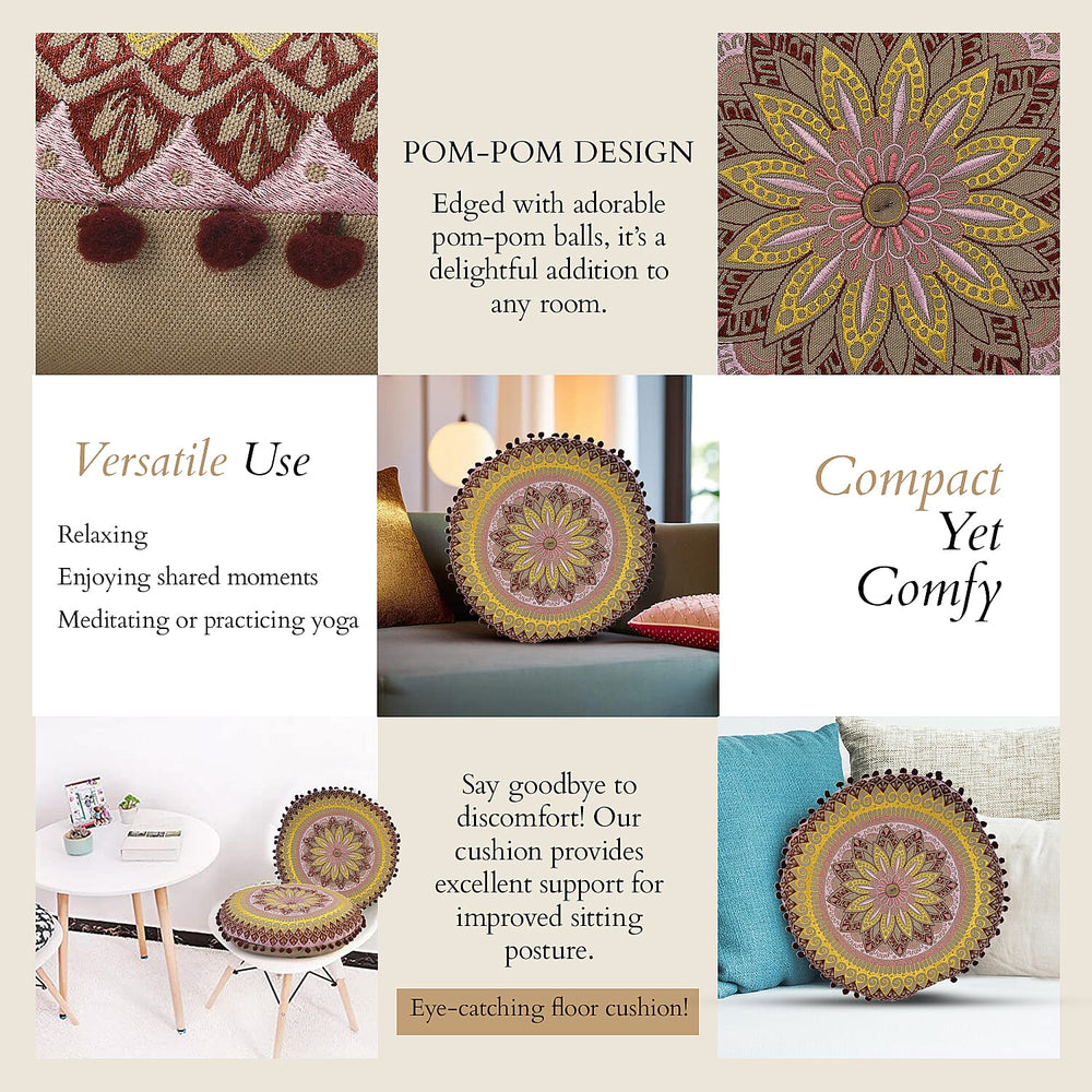 Cotton Floor Cushion with Embroidery - Pom Pom (Size 40x40x10 cm) - Multi