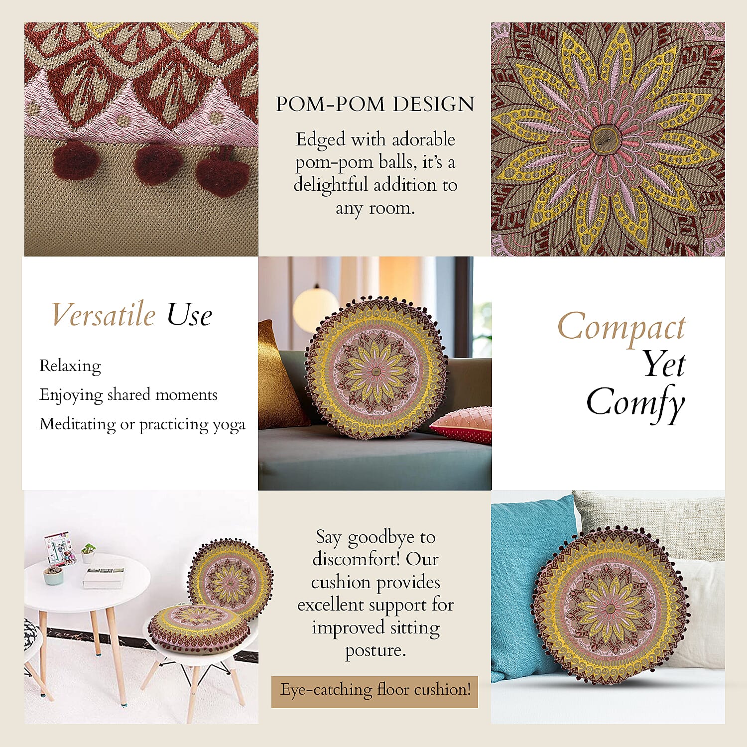 Cotton Floor Cushion with Embroidery - Pom Pom (Size 40x40x10 cm) - Multi