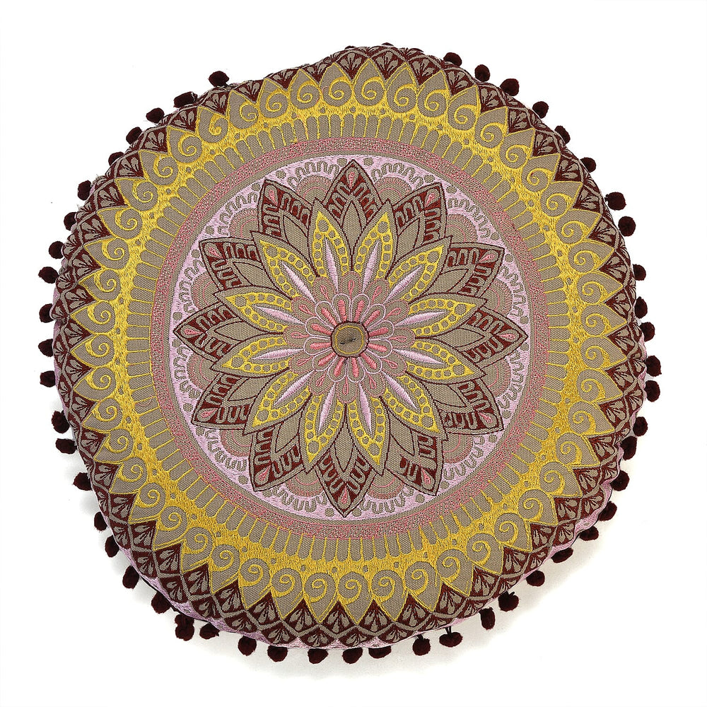 Cotton Floor Cushion with Embroidery - Pom Pom (Size 40x40x10 cm) - Multi