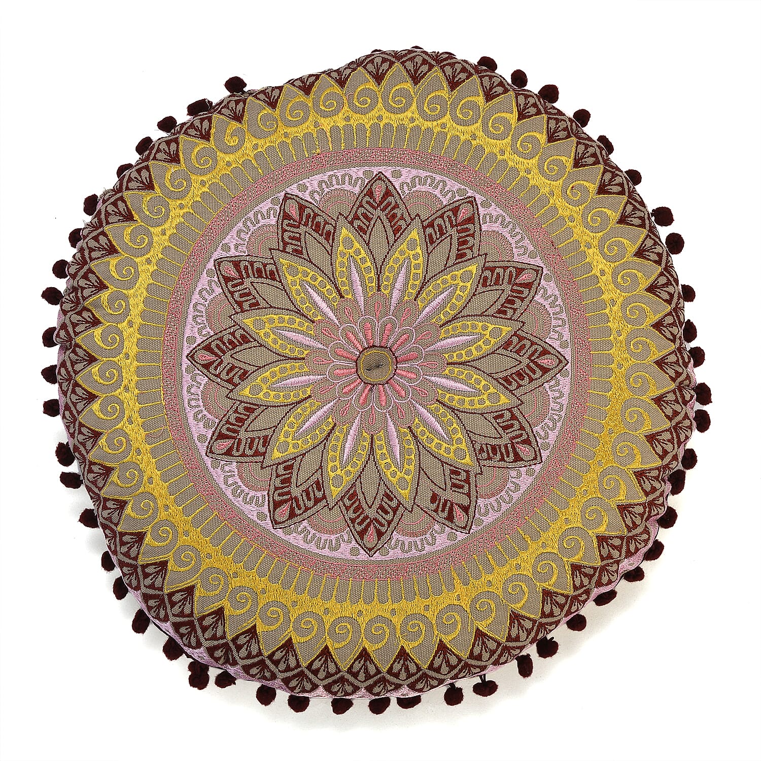 Cotton Floor Cushion with Embroidery - Pom Pom (Size 40x40x10 cm) - Multi
