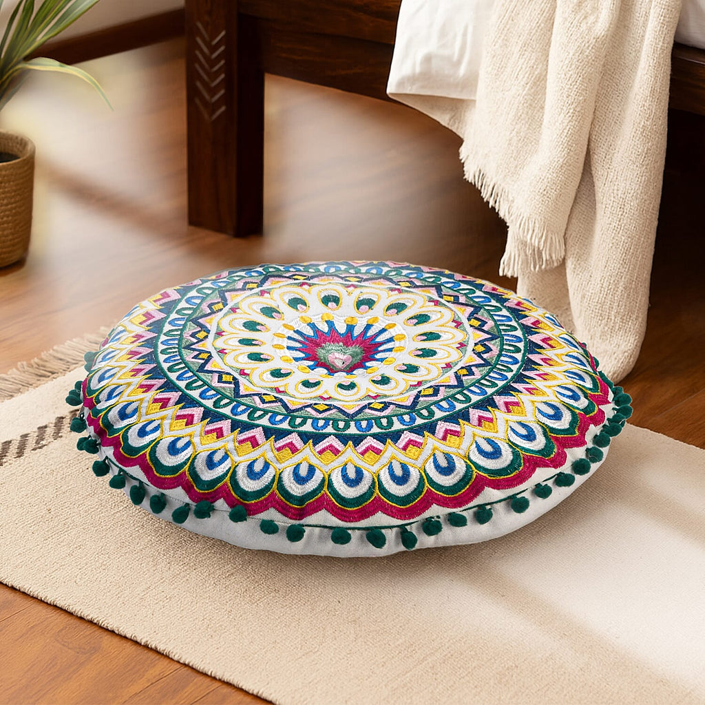 Cotton Floor Cushion with Embroidery - Pom Pom (Size 40x40x10 cm) - Multi