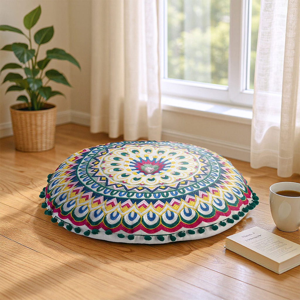 Cotton Floor Cushion with Embroidery - Pom Pom (Size 40x40x10 cm) - Multi