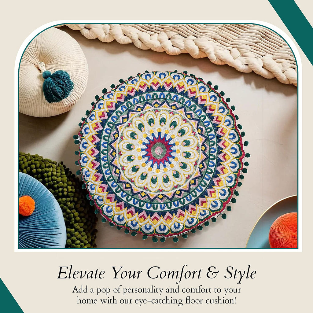 Cotton Floor Cushion with Embroidery - Pom Pom (Size 40x40x10 cm) - Multi