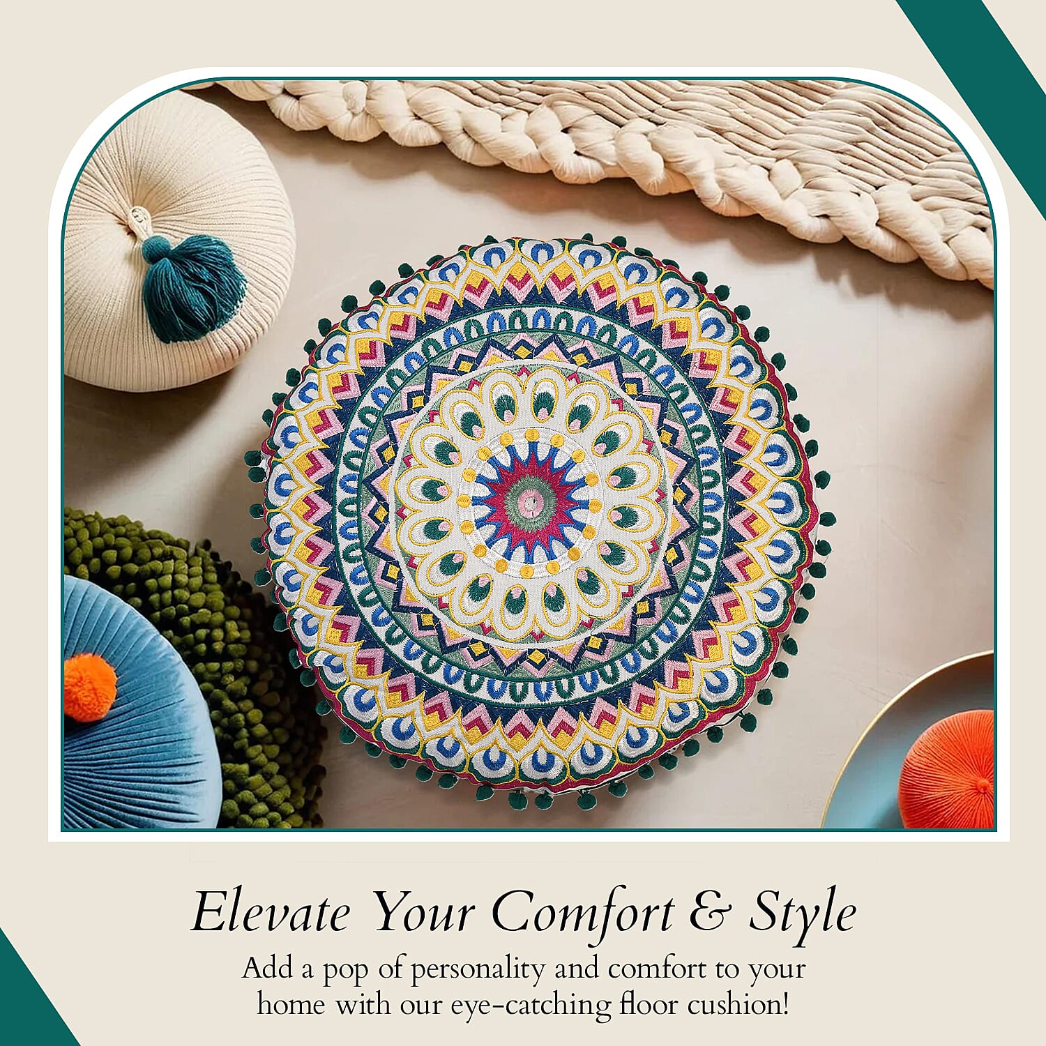 Cotton Floor Cushion with Embroidery - Pom Pom (Size 40x40x10 cm) - Multi