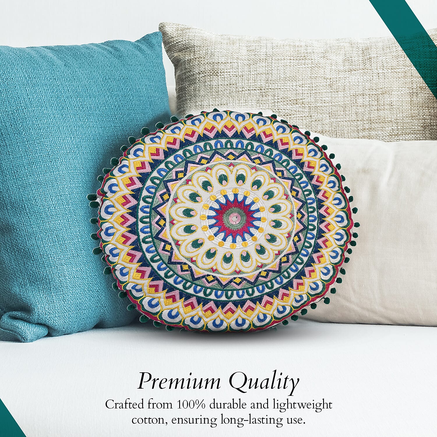 Cotton Floor Cushion with Embroidery - Pom Pom (Size 40x40x10 cm) - Multi