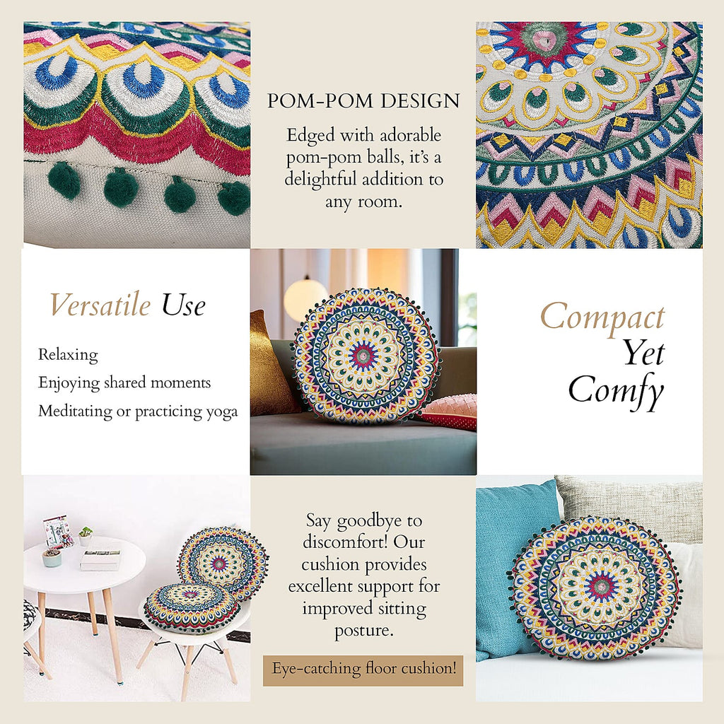 Cotton Floor Cushion with Embroidery - Pom Pom (Size 40x40x10 cm) - Multi