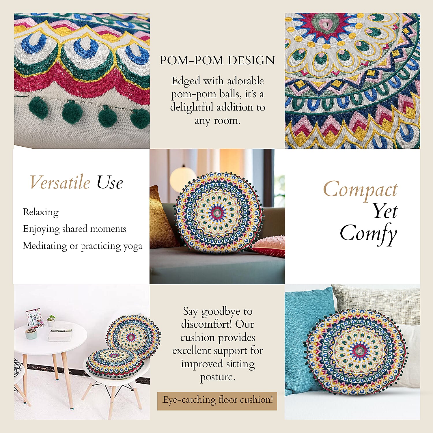 Cotton Floor Cushion with Embroidery - Pom Pom (Size 40x40x10 cm) - Multi