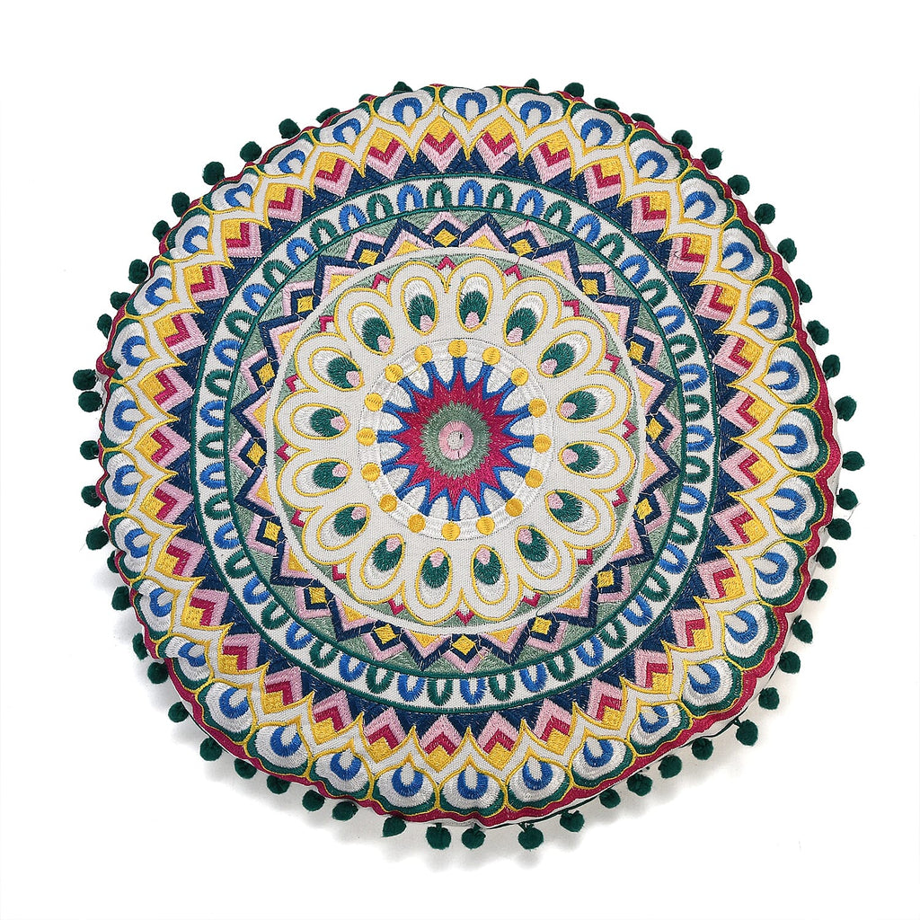 Cotton Floor Cushion with Embroidery - Pom Pom (Size 40x40x10 cm) - Multi