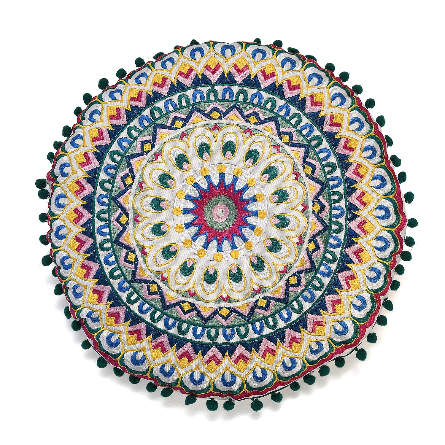 Cotton Floor Cushion with Embroidery - Pom Pom (Size 40x40x10 cm) - Multi