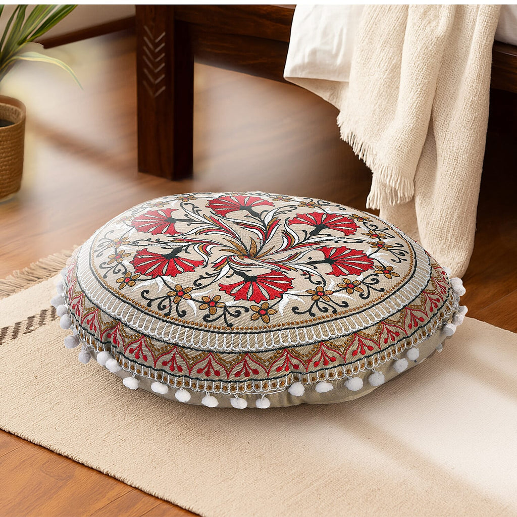 Cotton Floor Cushion with Embroidery - Pom Pom (Size 40x40x10 cm) - Multi