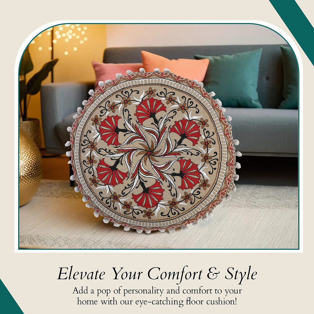 Cotton Floor Cushion with Embroidery - Pom Pom (Size 40x40x10 cm) - Multi