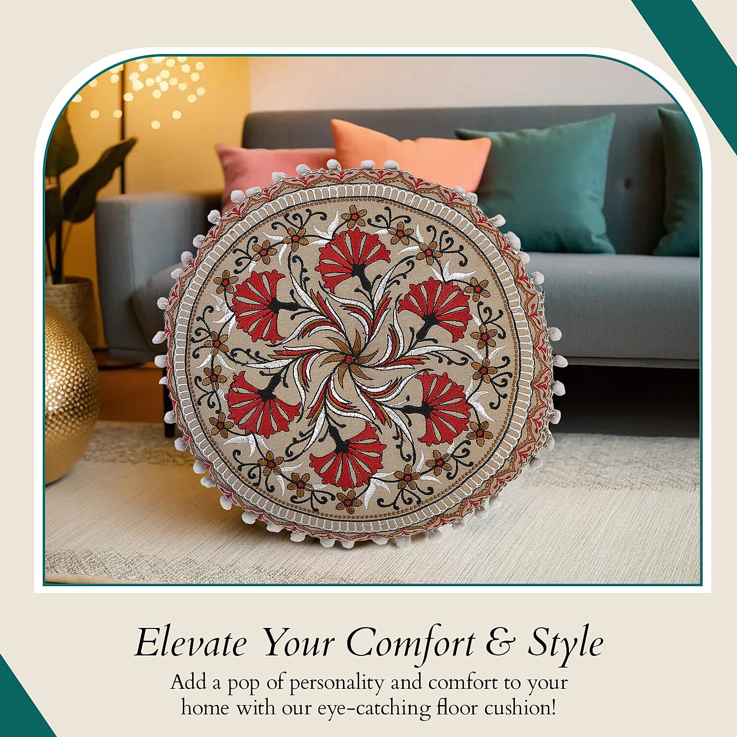 Cotton Floor Cushion with Embroidery - Pom Pom (Size 40x40x10 cm) - Multi