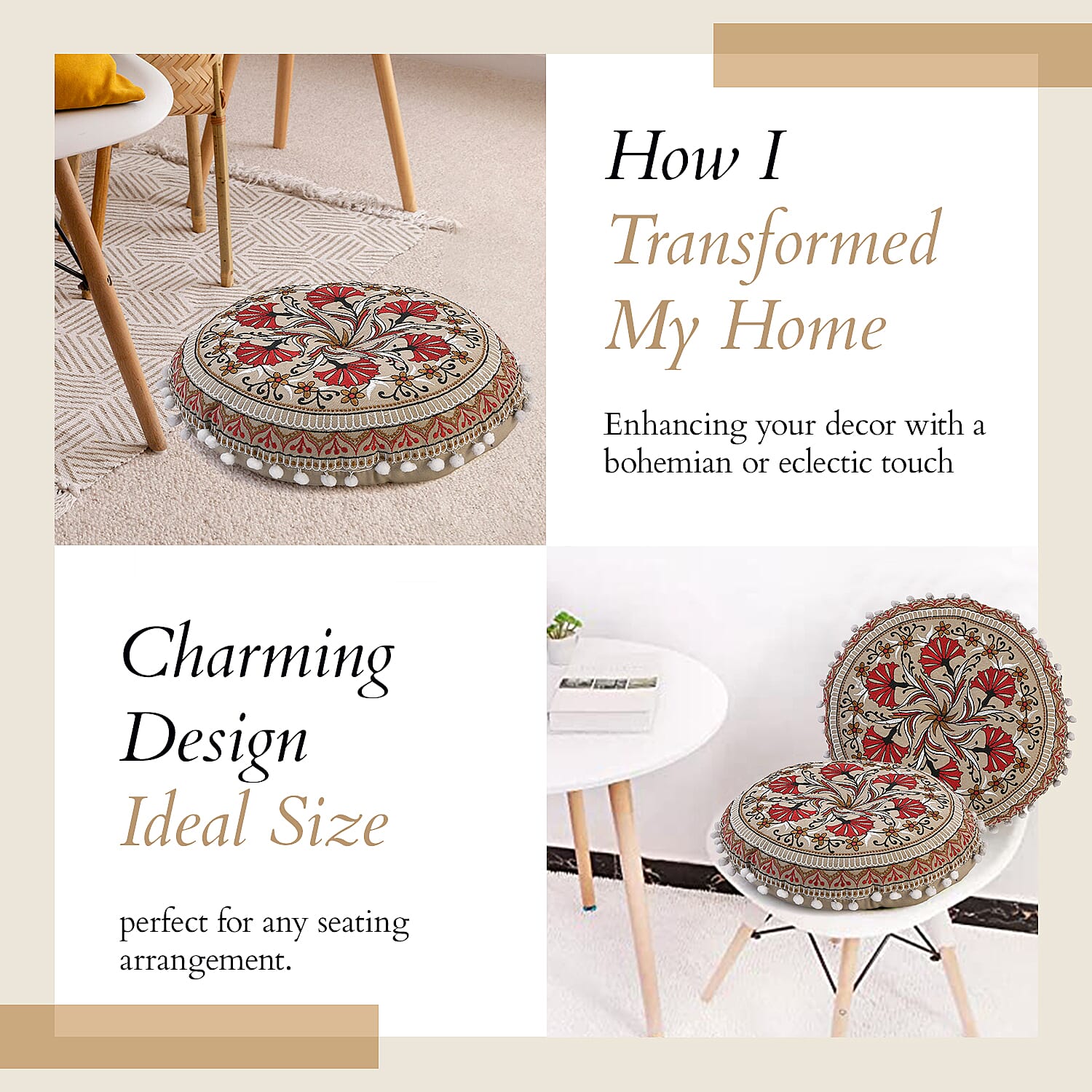 Cotton Floor Cushion with Embroidery - Pom Pom (Size 40x40x10 cm) - Multi