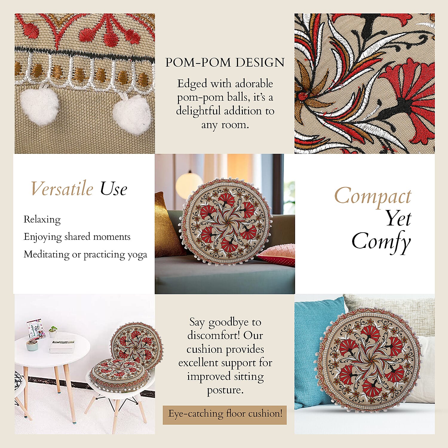 Cotton Floor Cushion with Embroidery - Pom Pom (Size 40x40x10 cm) - Multi