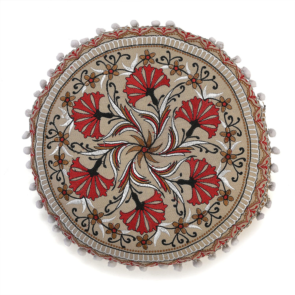 Cotton Floor Cushion with Embroidery - Pom Pom (Size 40x40x10 cm) - Multi