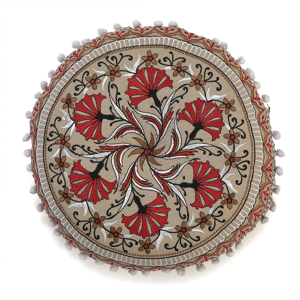 Cotton Floor Cushion with Embroidery - Pom Pom (Size 40x40x10 cm) - Multi