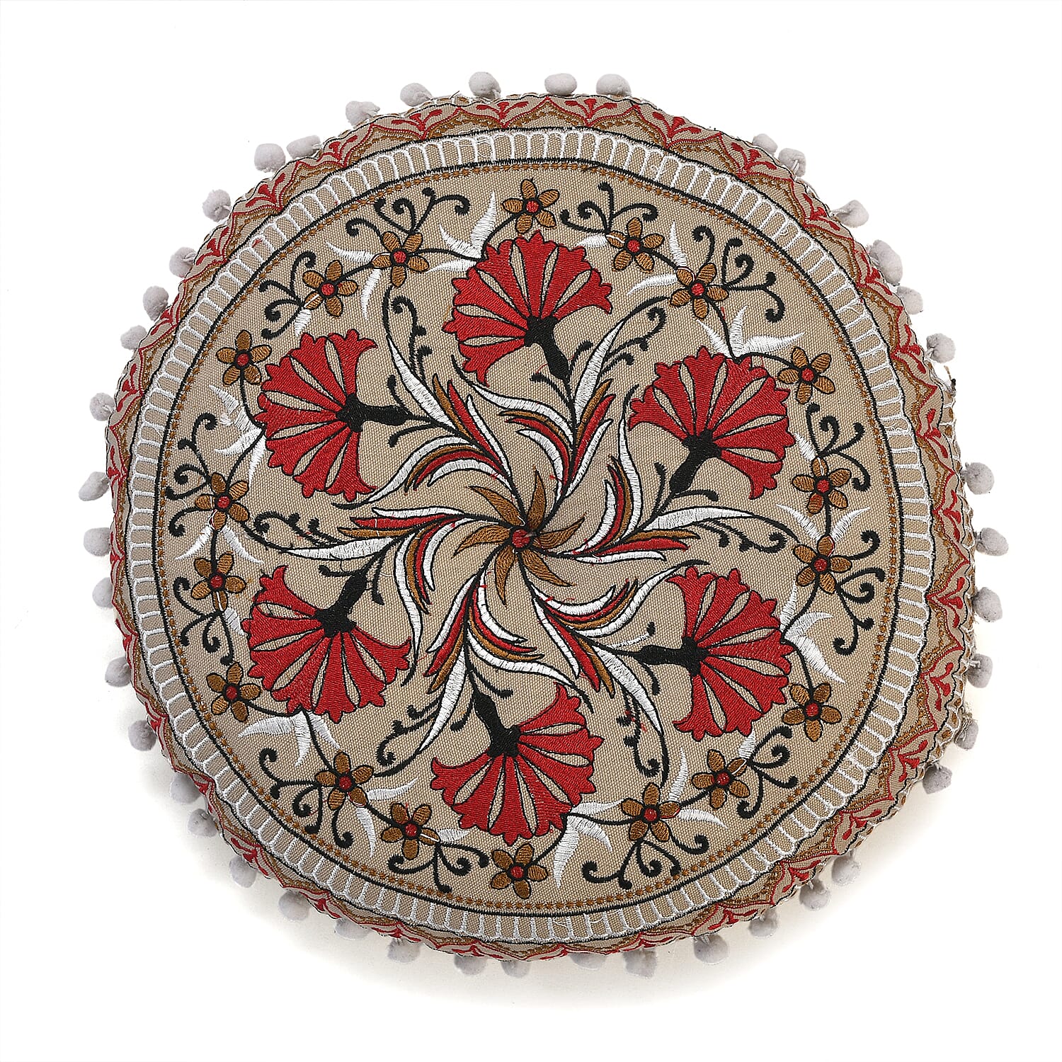 Cotton Floor Cushion with Embroidery - Pom Pom (Size 40x40x10 cm) - Multi