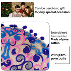 Cotton Floor Cushion with Embroidery and Pom Pom (Size 40x40x10 Cm) - Pink