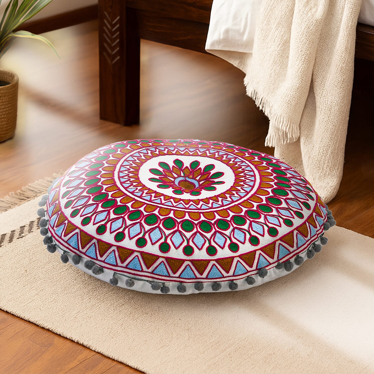 Cotton Floor Cushion with Embroidery and Pom Pom (Size 40x40x10 Cm) - Orange