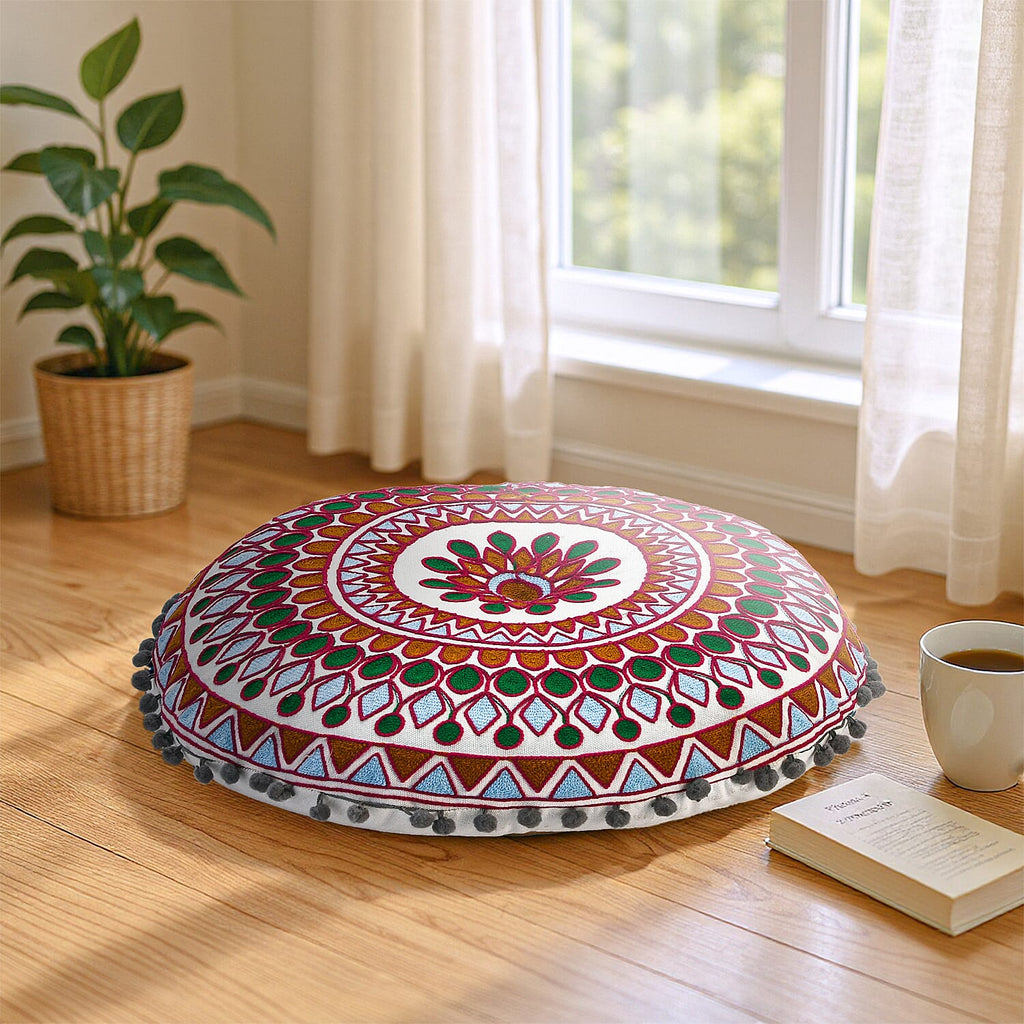 Cotton Floor Cushion with Embroidery and Pom Pom (Size 40x40x10 Cm) - Orange