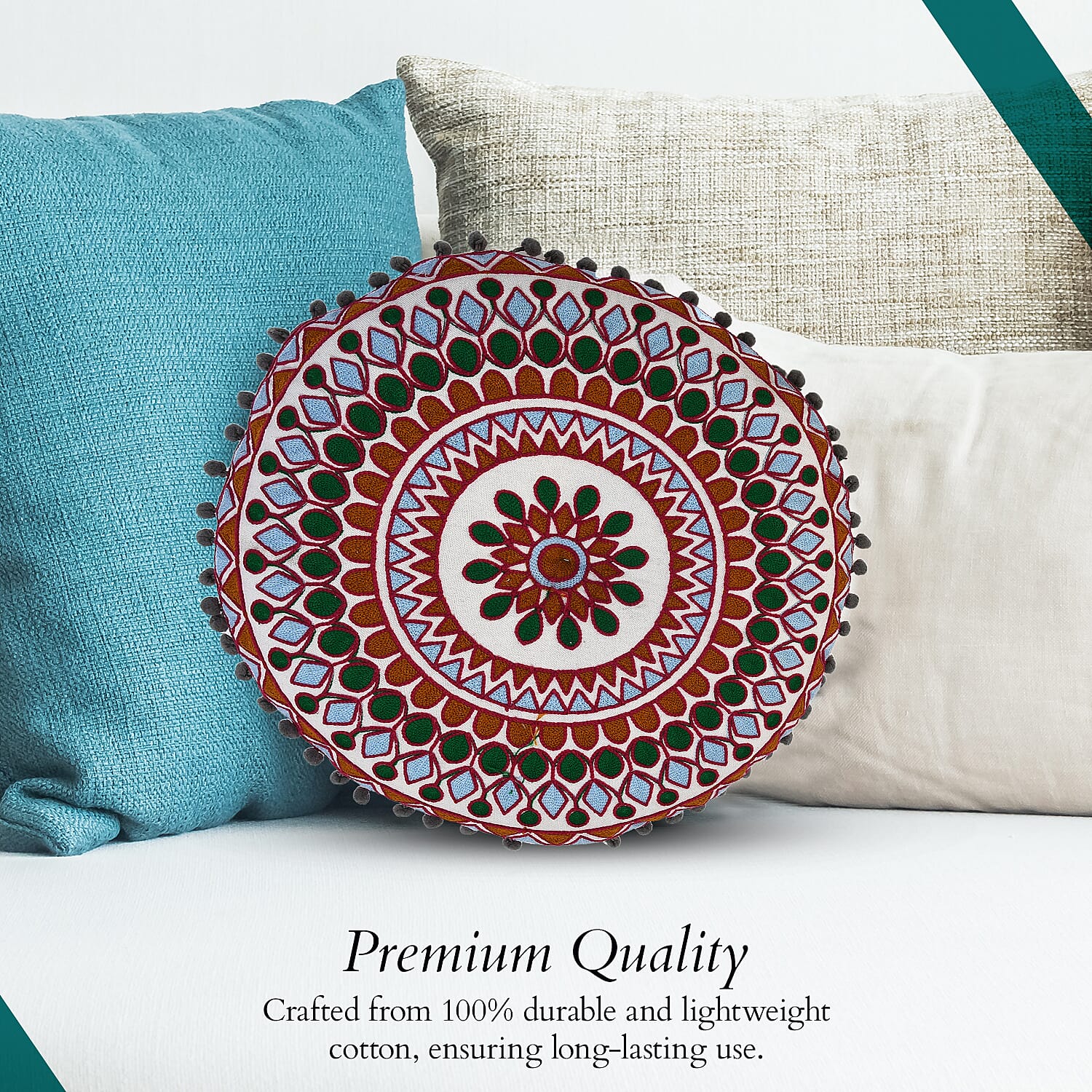 Cotton Floor Cushion with Embroidery and Pom Pom (Size 40x40x10 Cm) - Orange