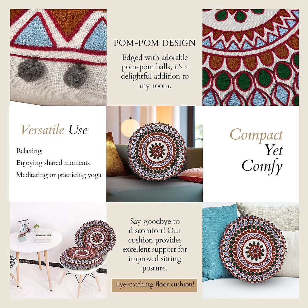 Cotton Floor Cushion with Embroidery and Pom Pom (Size 40x40x10 Cm) - Orange