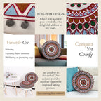 Cotton Floor Cushion with Embroidery and Pom Pom (Size 40x40x10 Cm) - Orange