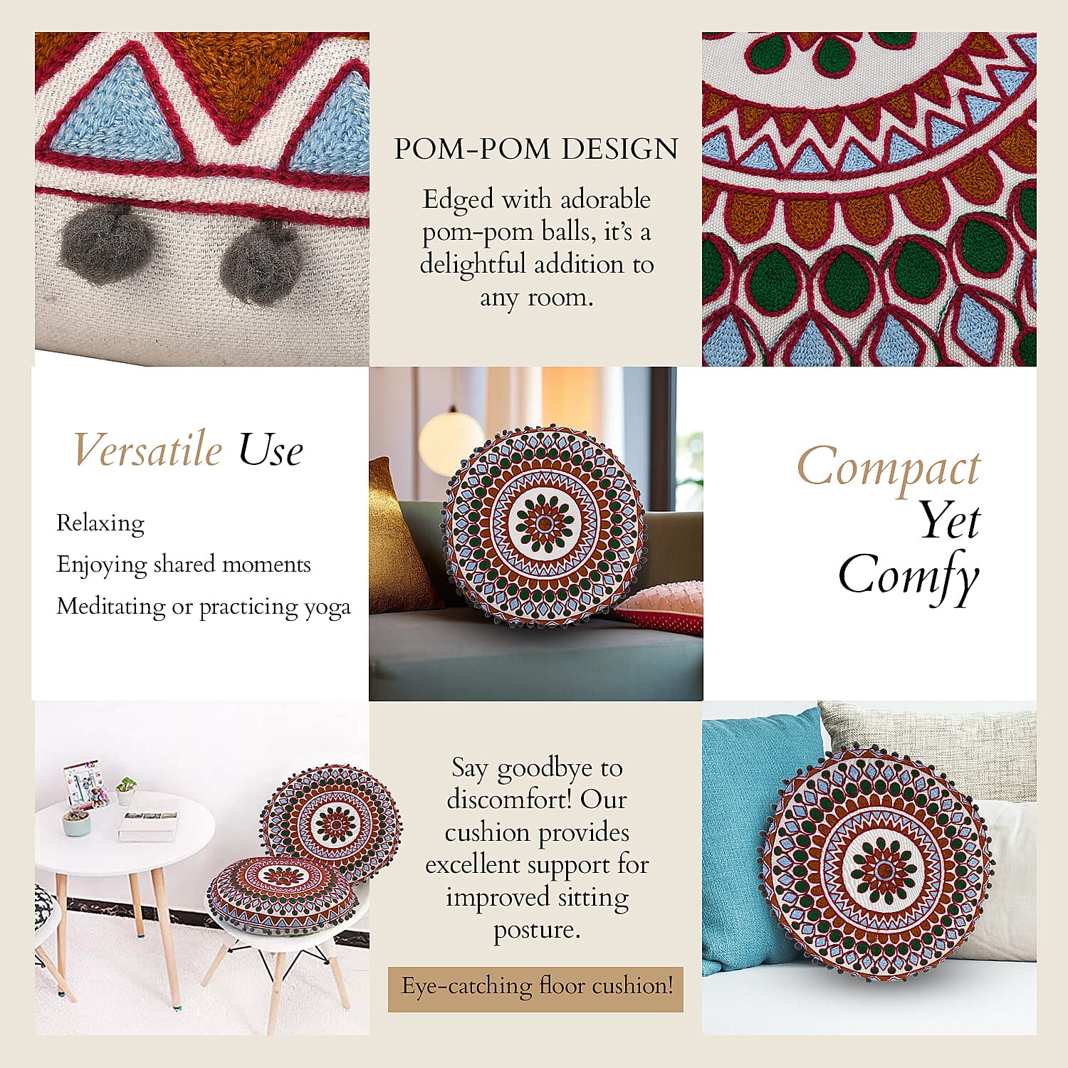 Cotton Floor Cushion with Embroidery and Pom Pom (Size 40x40x10 Cm) - Orange