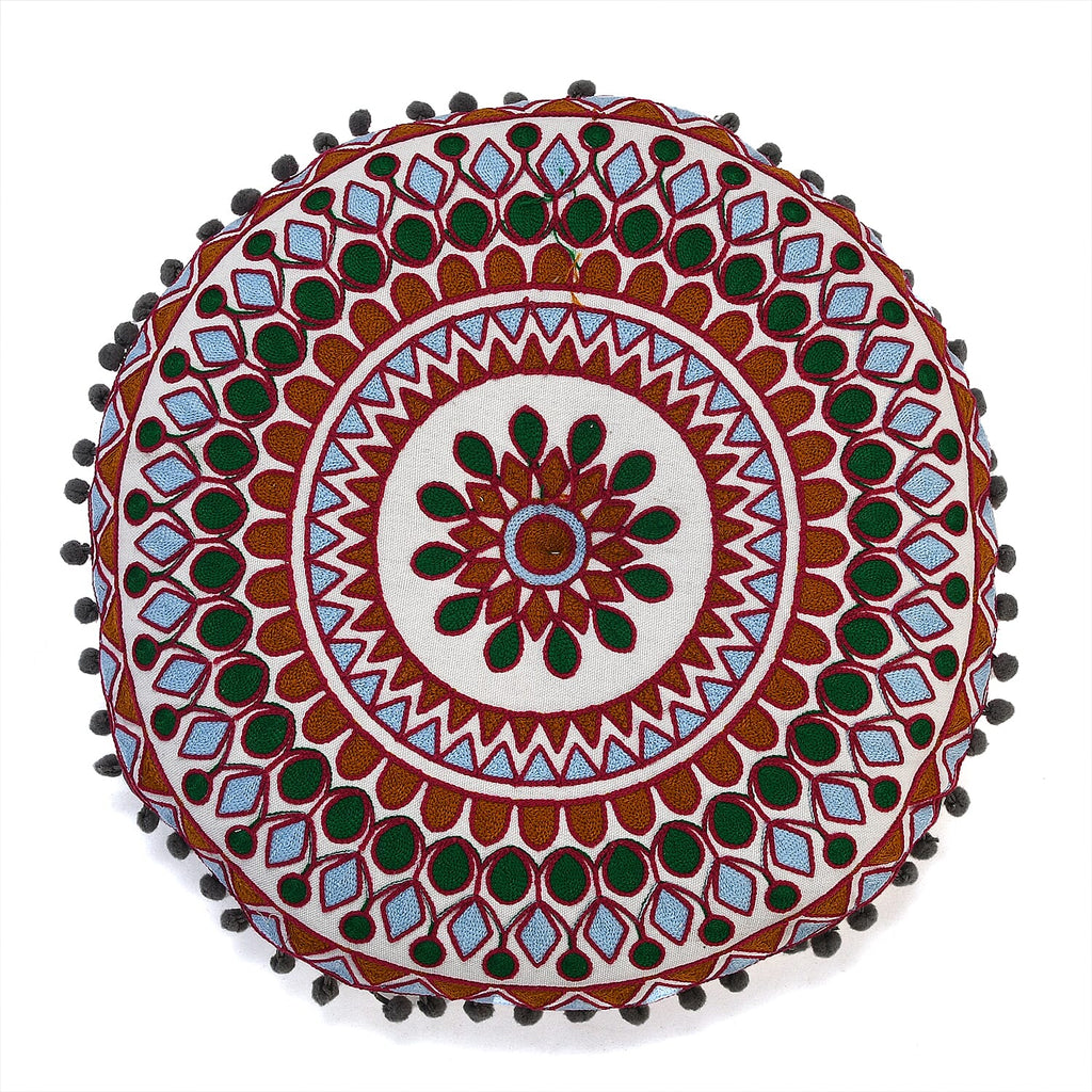 Cotton Floor Cushion with Embroidery and Pom Pom (Size 40x40x10 Cm) - Orange