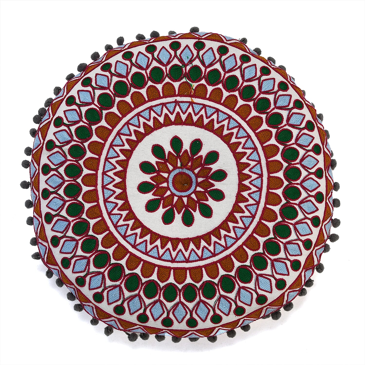 Cotton Floor Cushion with Embroidery and Pom Pom (Size 40x40x10 Cm) - Orange