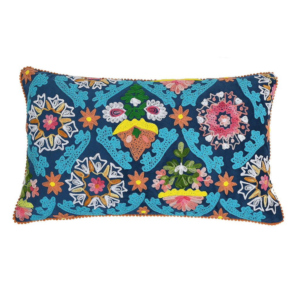 Cotton Floral Cushion Cover (Size 30x1 cm) - Blue & Multicolor