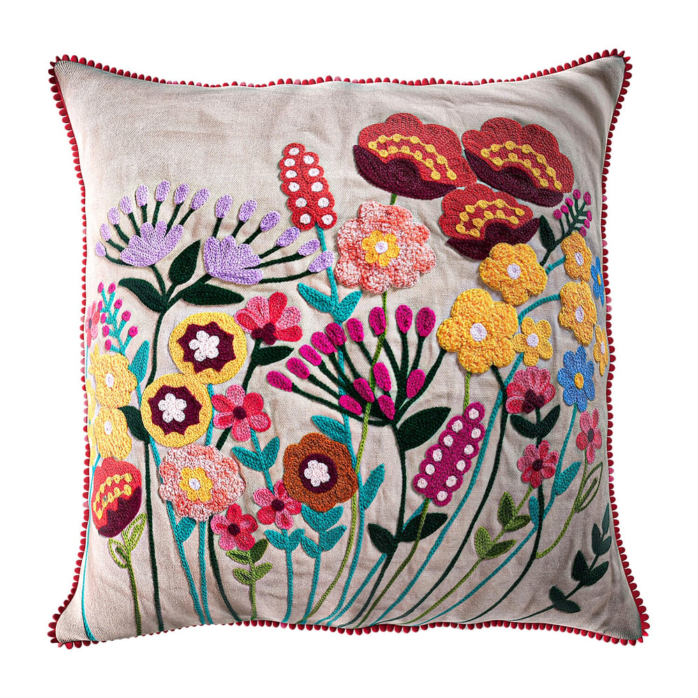 Cotton Flower Embroidered Cushion Cover (Size 45x45 Cm) - Off White & Green